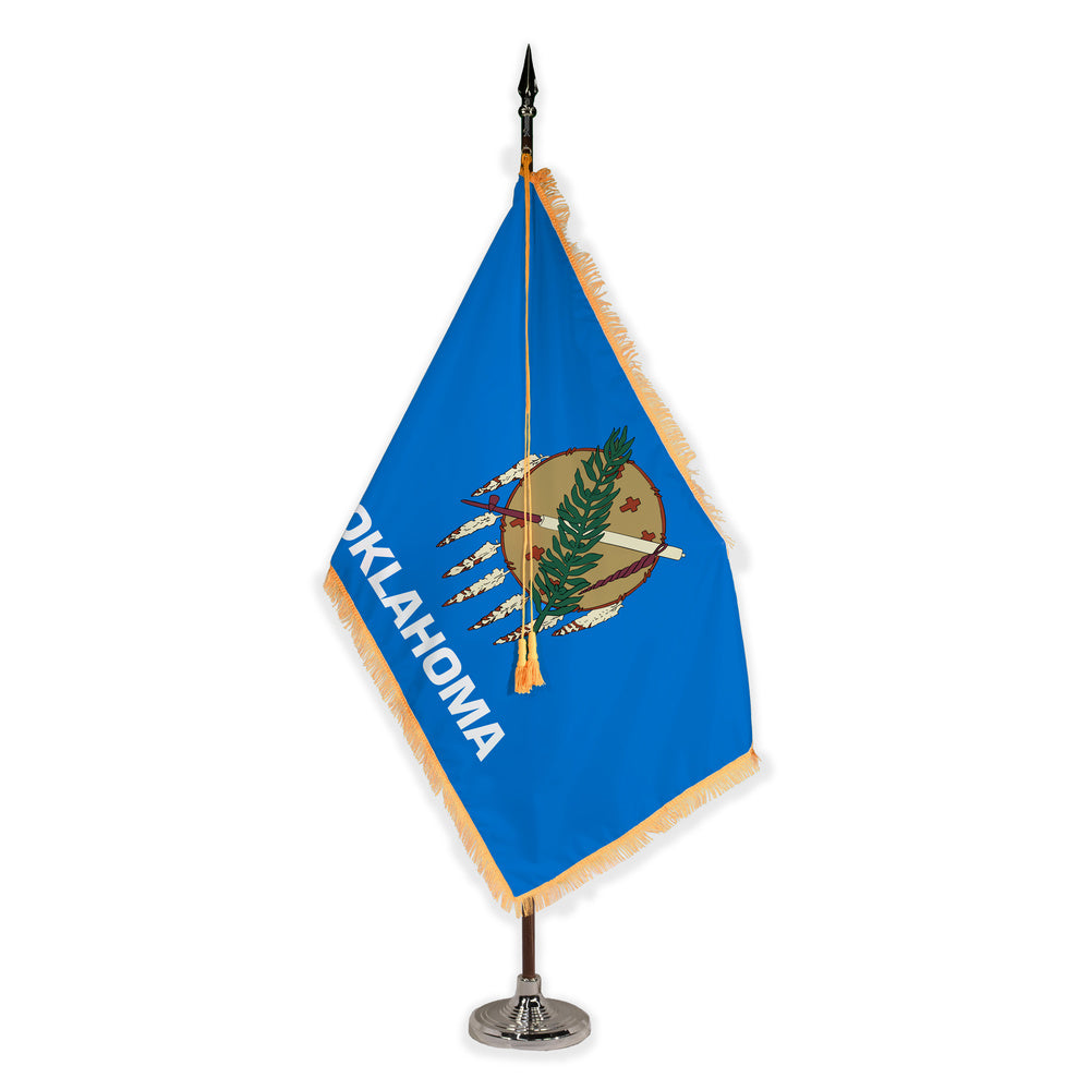 Oklahoma deluxe oak indoor flag set with gold fringe on plastic stand