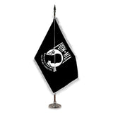 POW/MIA deluxe oak indoor flag set with white fringe on plastic stand