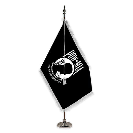 POW/MIA deluxe oak indoor flag set with white fringe on plastic stand