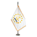 Rhode Island deluxe oak indoor flag set with gold fringe on plastic stand