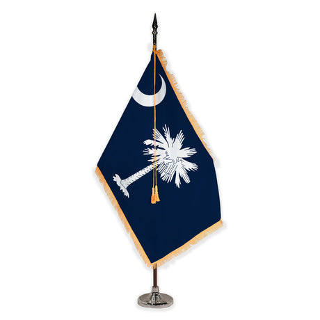 South Carolina deluxe oak indoor flag set with gold fringe on plastic stand