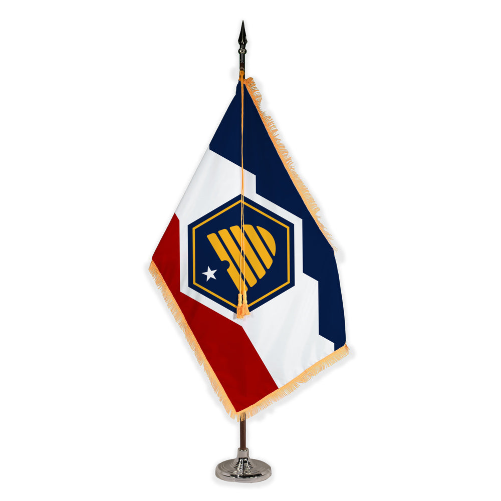 Utah deluxe oak indoor flag set with gold fringe on plastic stand