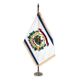 West Virginia deluxe oak indoor flag set with gold fringe on plastic stand