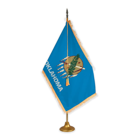Oklahoma adjustable indoor flag set with gold fringe on metal stand