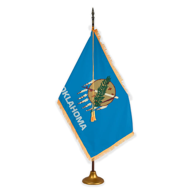 Oklahoma deluxe oak indoor flag set with gold fringe on metal stand