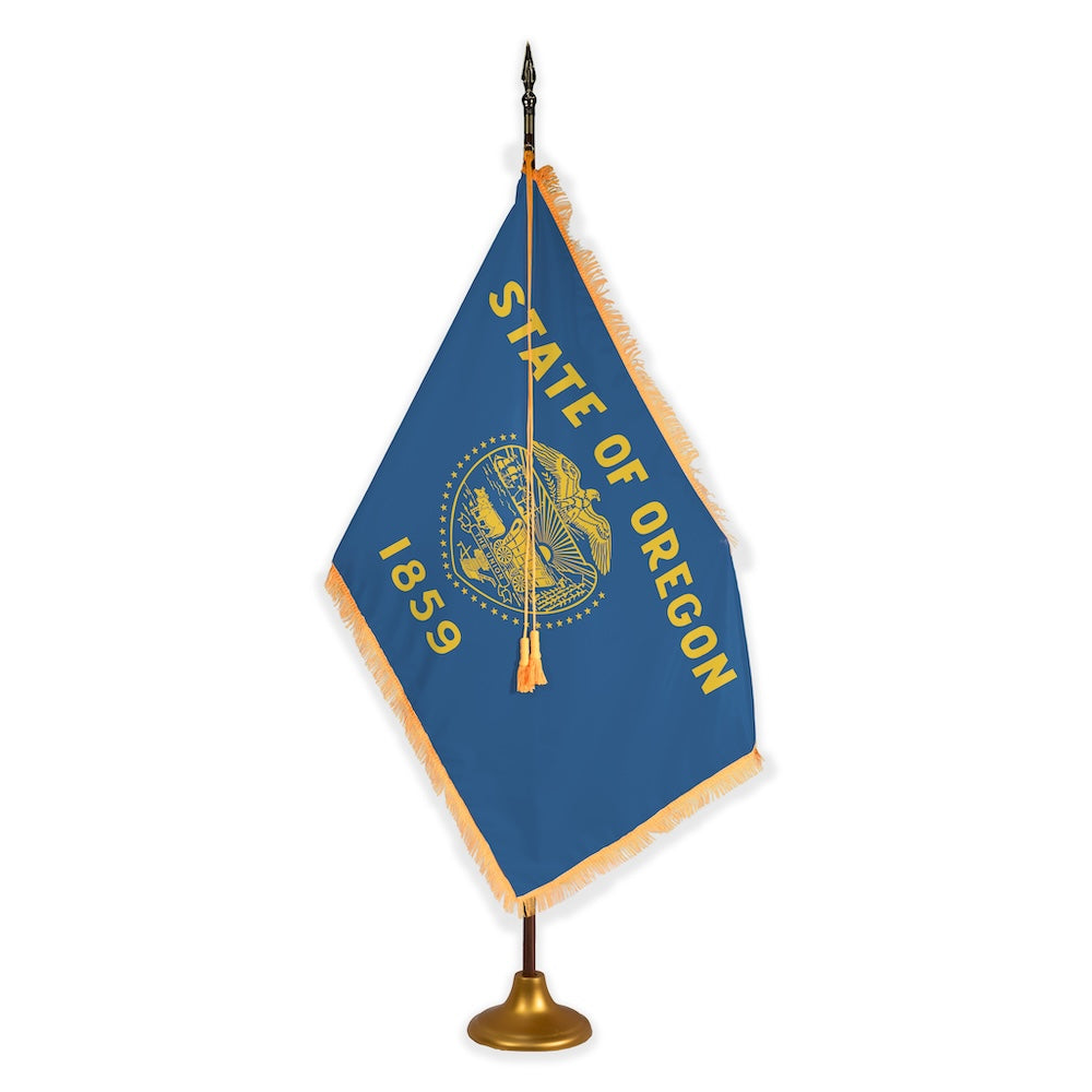 Oregon deluxe oak indoor flag set with gold fringe on metal stand