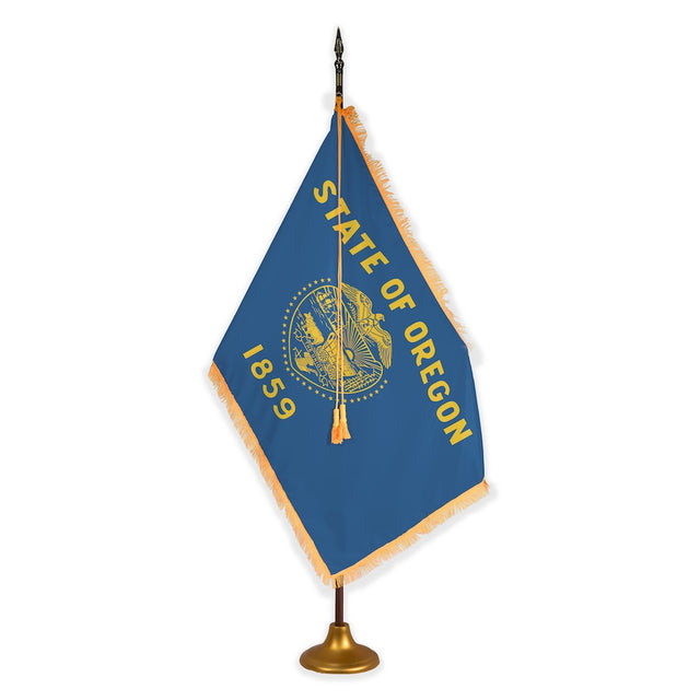 Oregon deluxe oak indoor flag set with gold fringe on metal stand