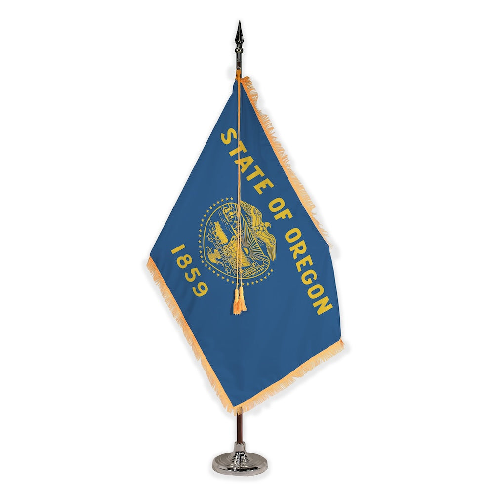 Oregon deluxe oak indoor flag set with gold fringe on plastic stand
