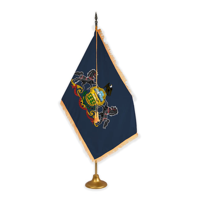Pennsylvania adjustable indoor flag set with gold fringe on metal stand