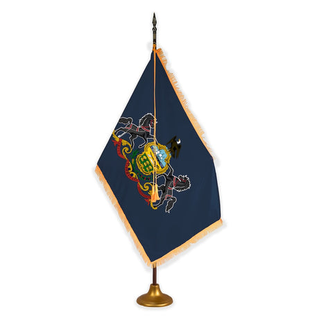 Pennsylvania deluxe oak indoor flag set with gold fringe on metal stand