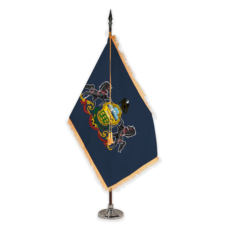 Pennsylvania deluxe oak indoor flag set with gold fringe on plastic stand