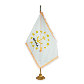 Rhode Island adjustable indoor flag set with gold fringe on metal stand