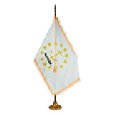 Rhode Island deluxe oak indoor flag set with gold fringe on metal stand