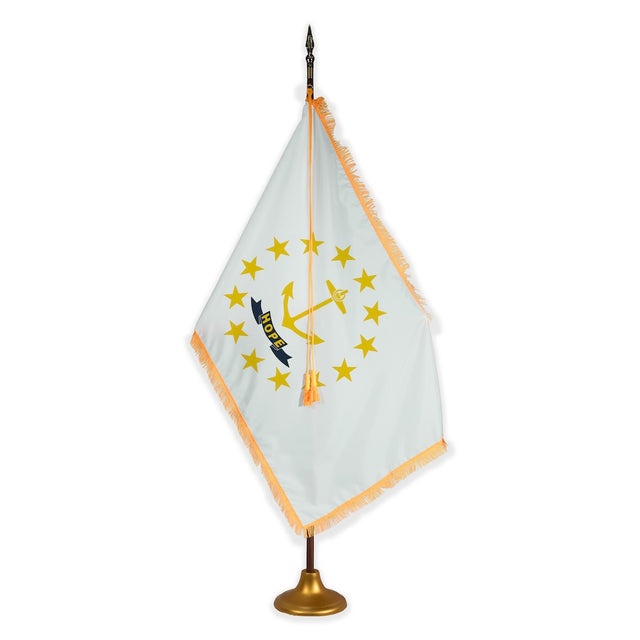 Rhode Island deluxe oak indoor flag set with gold fringe on metal stand