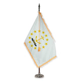 Rhode Island deluxe oak indoor flag set with gold fringe on plastic stand
