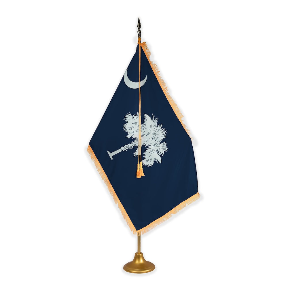 South Carolina adjustable indoor flag set with gold fringe on metal stand