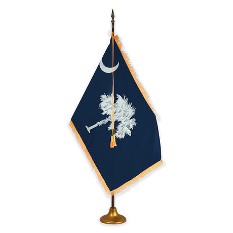 South Carolina deluxe oak indoor flag set with gold fringe on metal stand