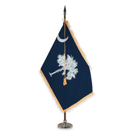 South Carolina deluxe oak indoor flag set with gold fringe on plastic stand