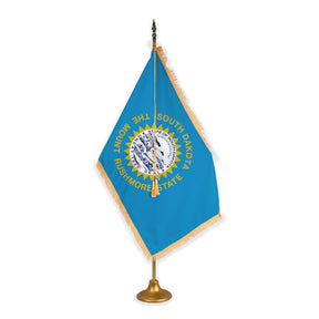 South Dakota adjustable indoor flag set with gold fringe on metal stand