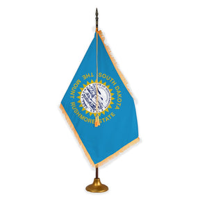 South Dakota deluxe oak indoor flag set with gold fringe on metal stand