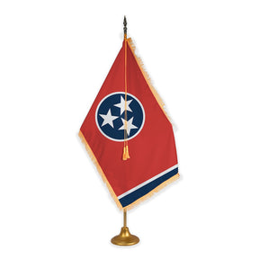 Tennessee adjustable indoor flag set with gold fringe on metal stand