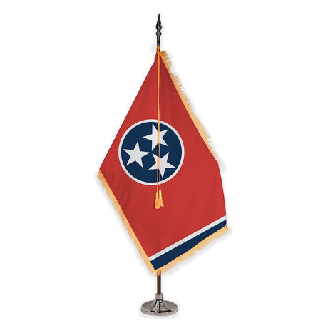 Tennessee deluxe oak indoor flag set with gold fringe on plastic stand