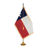 Texas adjustable indoor flag set with gold fringe on metal stand