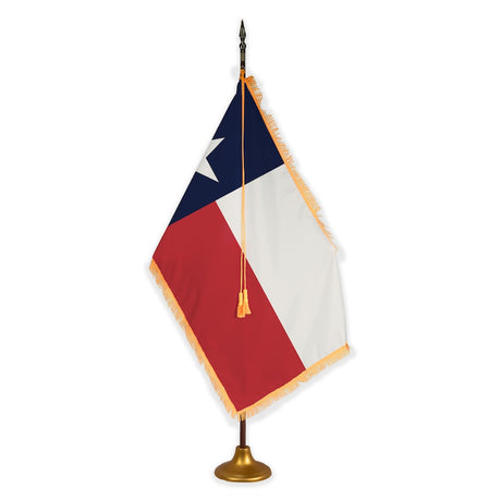 Texas deluxe oak indoor flag set with gold fringe on metal stand
