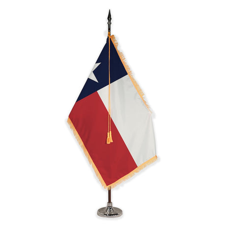 Texas deluxe oak indoor flag set with gold fringe on plastic stand