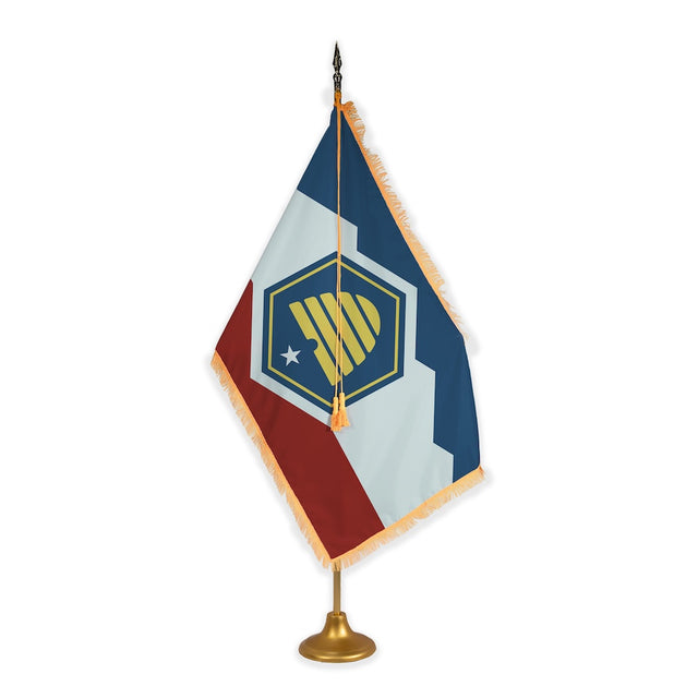 Utah adjustable indoor flag set with gold fringe on metal stand