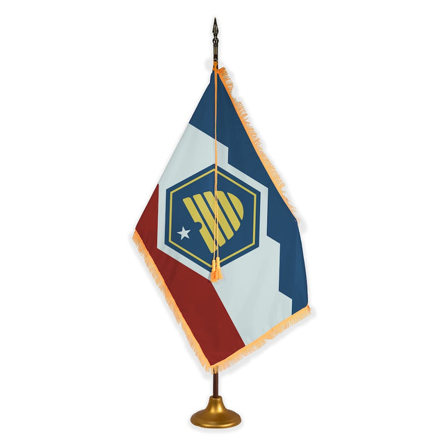 Utah deluxe oak indoor flag set with gold fringe on metal stand