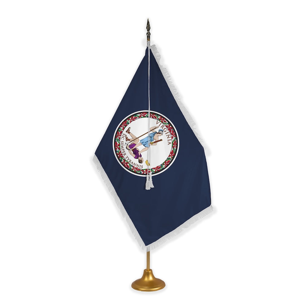 Virginia adjustable indoor flag set with white fringe on metal stand