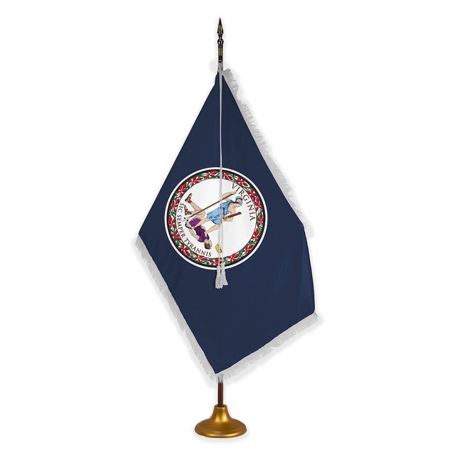 Virginia deluxe oak indoor flag set with white fringe on metal stand