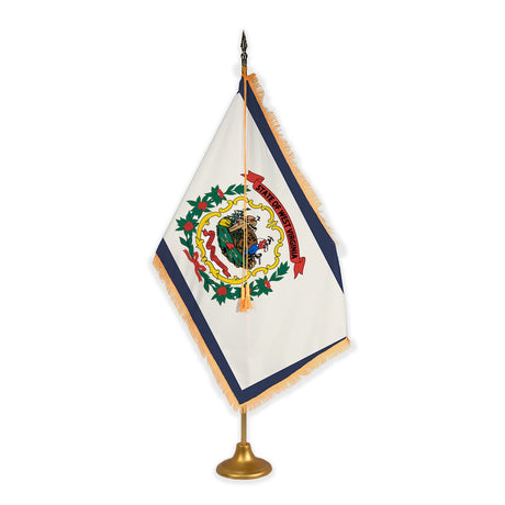 West Virginia adjustable indoor flag set with gold fringe on metal stand