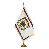 West Virginia deluxe oak indoor flag set with gold fringe on metal stand