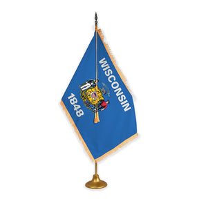 Wisconsin adjustable indoor flag set with gold fringe on metal stand