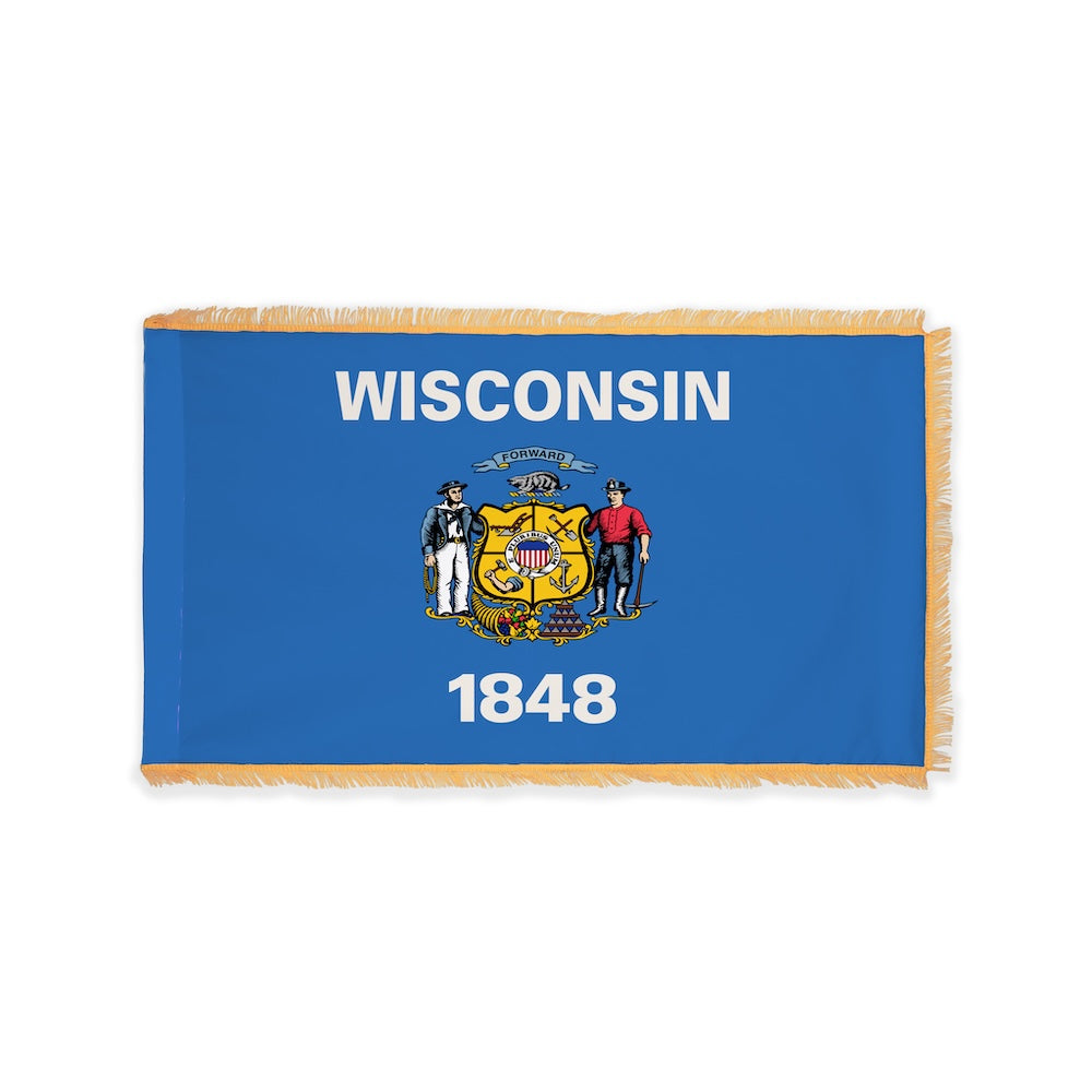 Wisconsin state flag with pole sleeve and fringe