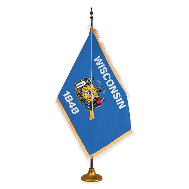 Wisconsin deluxe oak indoor flag set with gold fringe on metal stand