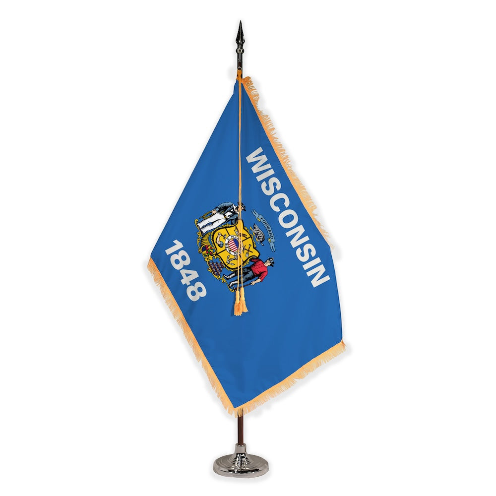 Wisconsin deluxe oak indoor flag set with gold fringe on plastic stand