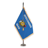 Wisconsin deluxe oak indoor flag set with gold fringe on plastic stand