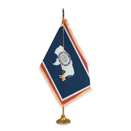 Wyoming adjustable indoor flag set with gold fringe on metal stand