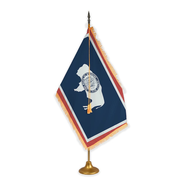 Wyoming adjustable indoor flag set with gold fringe on metal stand
