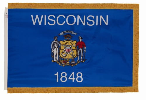 Wisconsin flag with pole sleeve and fringe